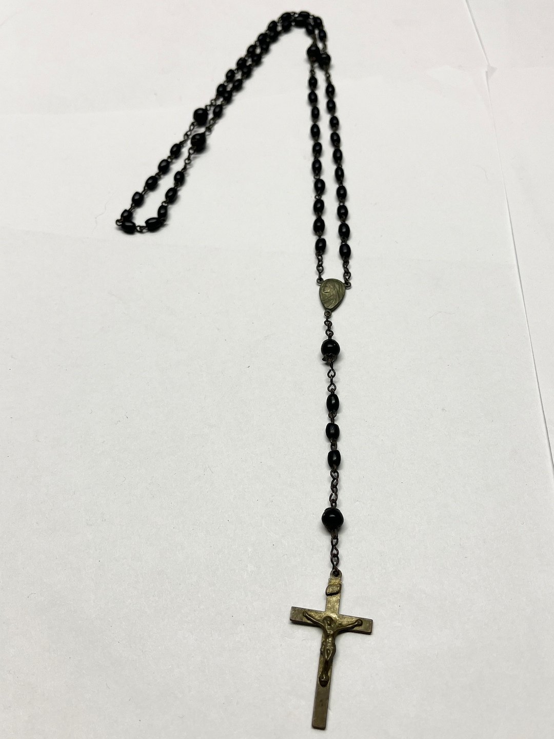 Vintage Black Beaded Rosary Necklace Etsy
