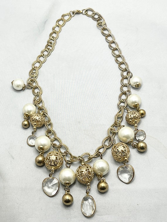 Vintage Gold Pearl Crystal Filigree Bead Charm Ne… - image 2