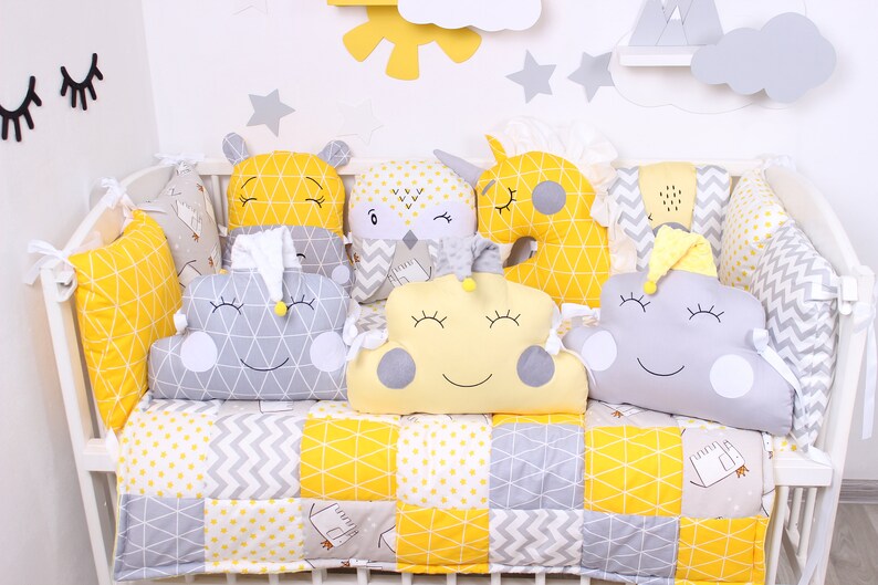 Baby bed set Yellow and Gray Animals Crib bumpers Etsy
