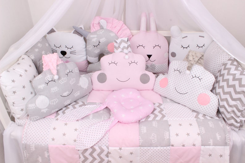 Baby Bed Set Pink and Gray Animals Crib Bumpers Etsy