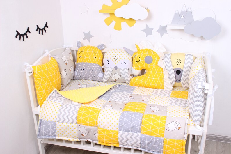 Baby bed set Yellow and Gray Animals Crib bumpers Etsy