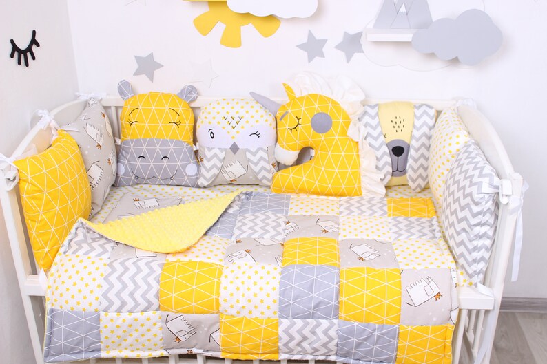 Baby bed set Yellow and Gray Animals Crib bumpers Etsy