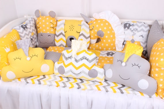Baby Bed Set Yellow And Gray Animals Crib Bumpers Etsy