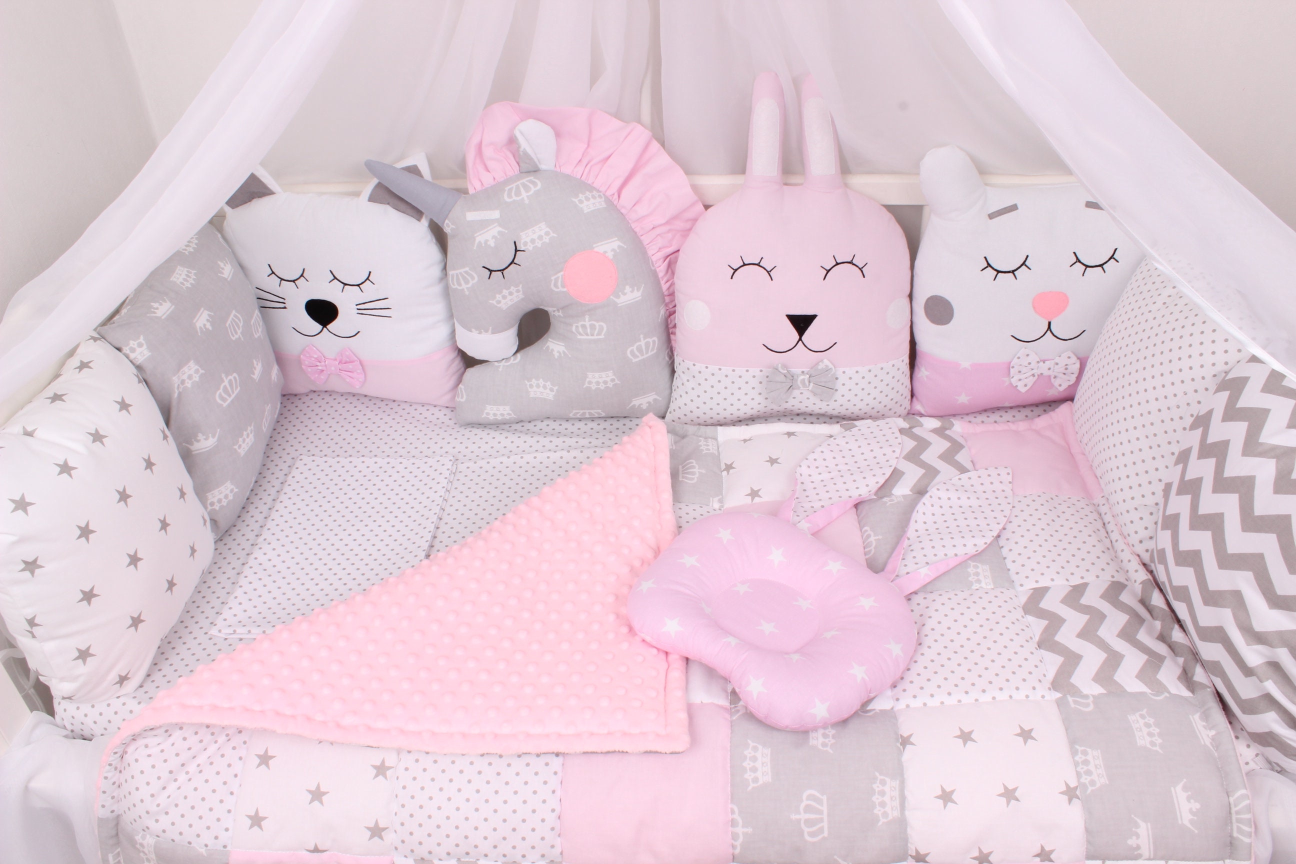 Baby Bed Set Pink and Gray Animals Crib Bumpers Etsy