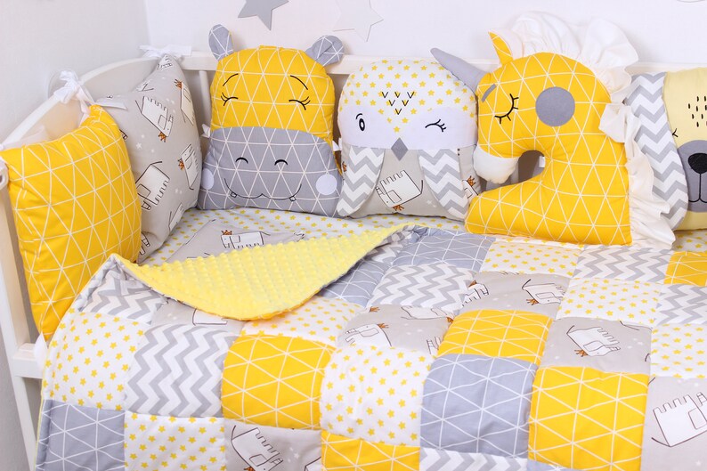 Baby bed set Yellow and Gray Animals Crib bumpers Etsy