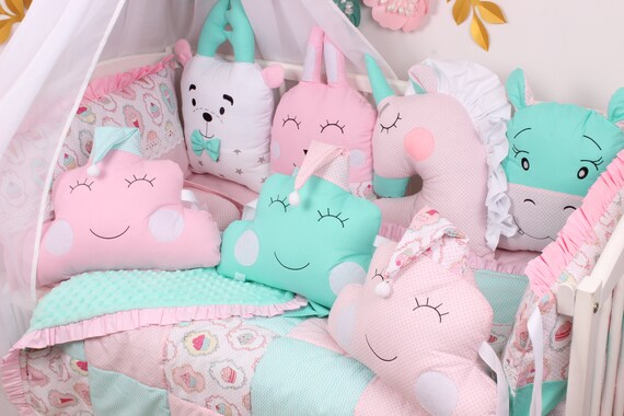 Baby Bed Set Pink And Mint Animals Crib Bumpers - Mint Crib Bedding Set Baby Bed Set Pink And Mint Animals Crib Bumpers - Mint Crib Bedding Set