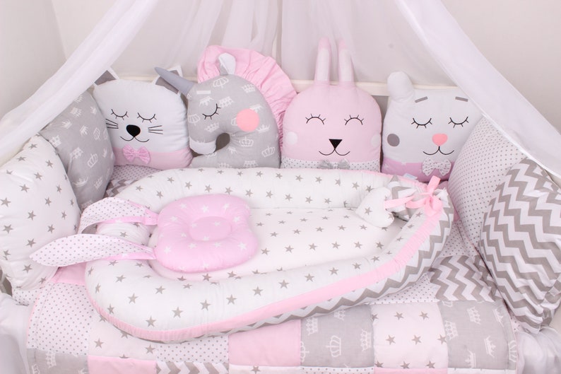 Baby Bed Set Pink and Gray Animals Crib Bumpers Etsy