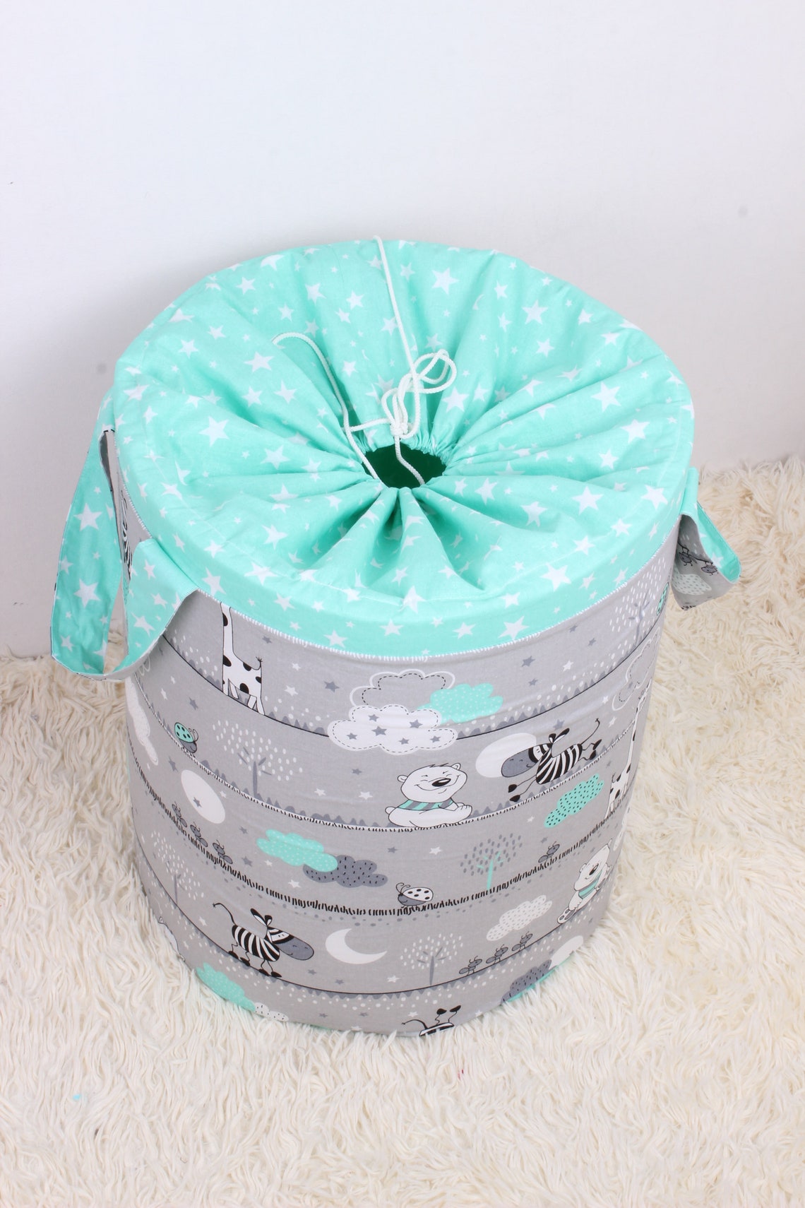 Basket for toys with animals mint with lid Storage basket Etsy