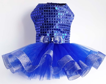 Dog dress in blue sequins on top with 3 layers of blue tulle skirt, with silver-blue ribbon, for wedding party, pet birthday.