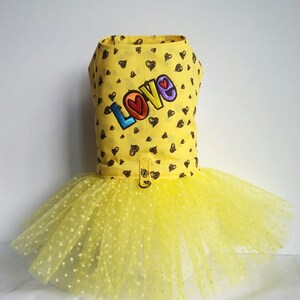 Lovely Yellow Dress with hearts for little Dog with puffy tulle Skirt tutu, dress Pet for summer party