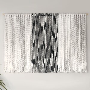 Waterfall Fiber Art wall-hanging, natural fiber art, textile art, macrame art, modern boho decor, ecru, grey, black