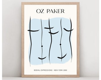 Downloadable OZ PAKER art print, printable poster, minimalist painting line drawing, blue wall art