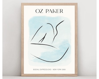 Downloadable OZ PAKER art print, printable poster, minimalist painting line drawing, blue wall art