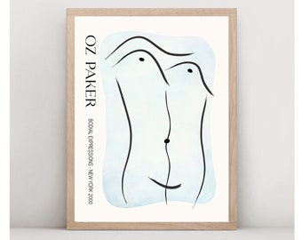 Downloadable OZ PAKER art print, printable poster, minimalist painting line drawing, blue wall art