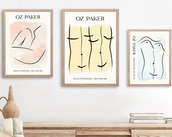 SET of 3 OZ PAKER art prints, downloadable printable poster, minimalist painting line drawing, wall art