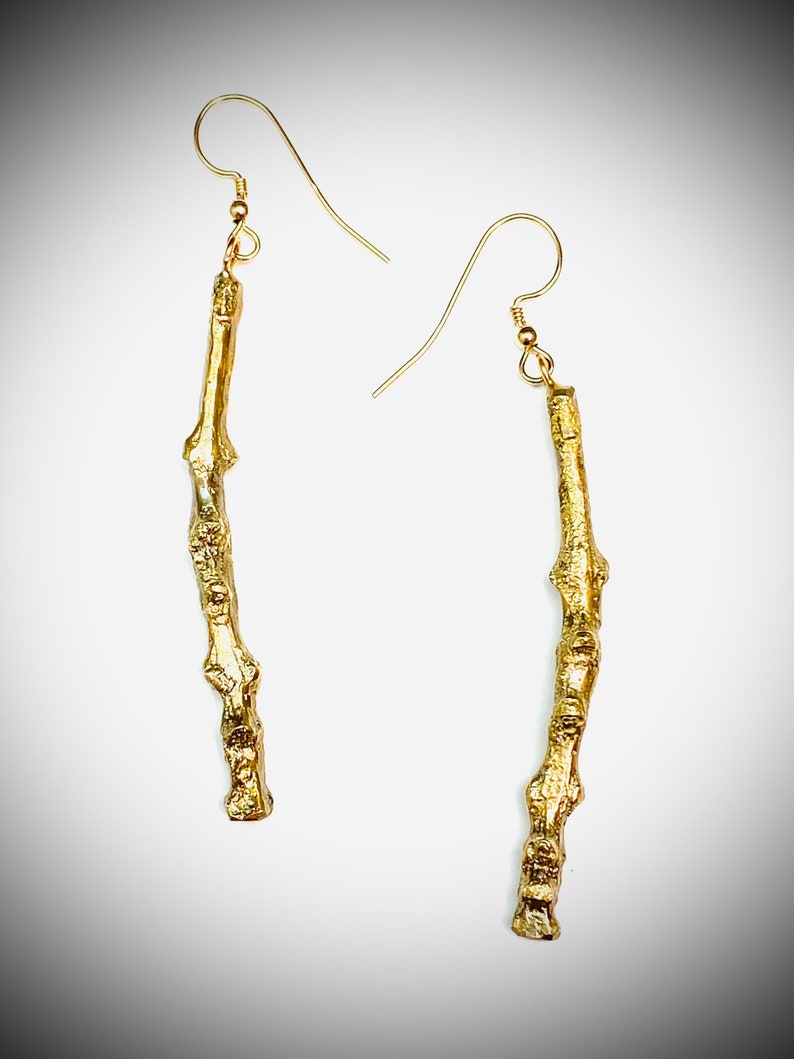 Tiny Branch Dangle Earrings Cast in Yellow Bronze Gold Fill Ear Wires Lightly Oxidized to Reveal Surface Texture /& Dimension