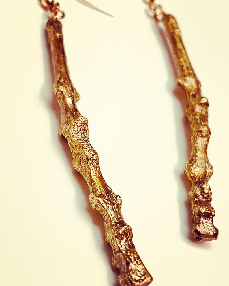 Tiny Branch Dangle Earrings Cast in Yellow Bronze Gold Fill Ear Wires Lightly Oxidized to Reveal Surface Texture /& Dimension