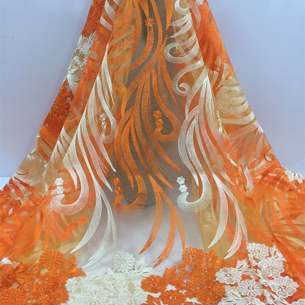 Tissu de dentelle africaine 2024 dentelle de broderie dernière conception dentelle de maille française avec pierre pour robe de soirée. dentelle brodée de haute qualité orange