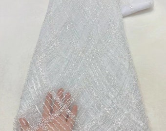 Luruxy 2024 High Quality Hand work Tulle Lace Fabric with  Beads  Mesh Africa Lace Fabric Bride French Net Lace Fabric Sewing