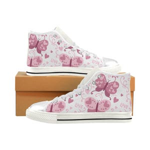 Customised Hightops, Pink Love Butterfly Shoes Art, Footwear Butterflies, Kids And Women&#39;s Shoes, White Canvas Shoes, Graphic Design Shoes