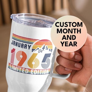 60th Birthday Retro Coffee Travel Mug, Born In 1965 Customized Drinkware Gift, 60 Years Birthday Party Gift, Sixties 60s Bday Tumbler