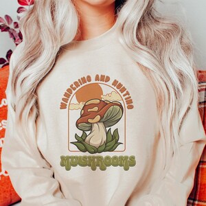 Mushroom Hunting Retro Sweatshirt, Magic Mushroom Clothes, Mushroom Lovers Crewneck, Cute Fungus Sweater, Dark Academia Sweatshirt For Women