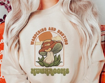 Mushroom Hunting Retro Sweatshirt, Magic Mushroom Clothes, Mushroom Lovers Crewneck, Cute Fungus Sweater, Dark Academia Sweatshirt For Women