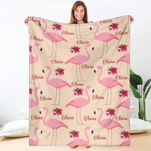 Custom Floral and Flamingo Blanket, Personalized Girls Name on Blanket, Baby Toddler Blanket Gift, Flamingo Pattern Blanket, Flamingo Lover