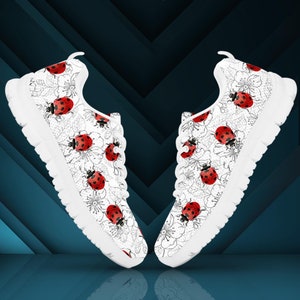 Ladybugs & Flowers Women&#39;s And Children&#39;s Sneakers, Ladybird Shoes Art, Black And White Sneakers, Lady Bug Shoes, Custom Sneakers