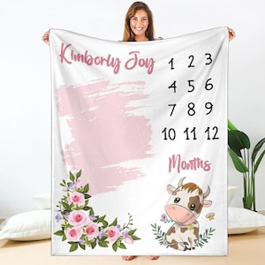 Personalized Little Cow Floral Blanket, Custom Name Blanket for Baby Girl, Farmstyle Baby Cow Blanket for Farm Kids, Calendar Blanket