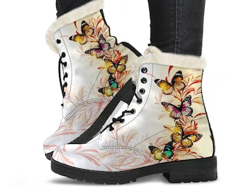 Butterfly Women Faux Fur Boots, Butterflies Pattern Boots, Butterfly Lover Gift, Butterfly Art Pattern Booties, Miraculous Women&#39;s Boots