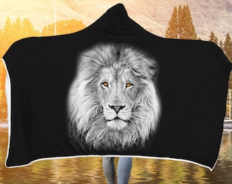 Oil Paint Style Black & White Lion Head Hooded Blanket, Hooded Lion Throw, Lion Lover Blanket, Teen Girls And Adult Hooded Blanket