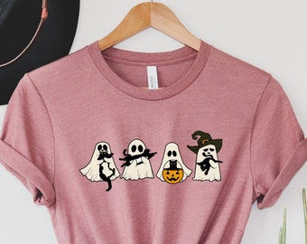 Camicia unisex per feste di Halloween con gatto fantasma spettrale per adulti e bambini, maglietta autunnale con gatto fantasma, simpatico fantasma strega con maglietta di gatti regali