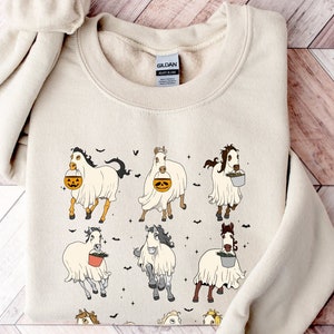 Horse Ghost Halloween Spooky Unisex Sweatshirt, Scary Horse Ghost Crewneck Hoodie, Horse Pumpkins Bats Autumn Season Shirt Gift Idea