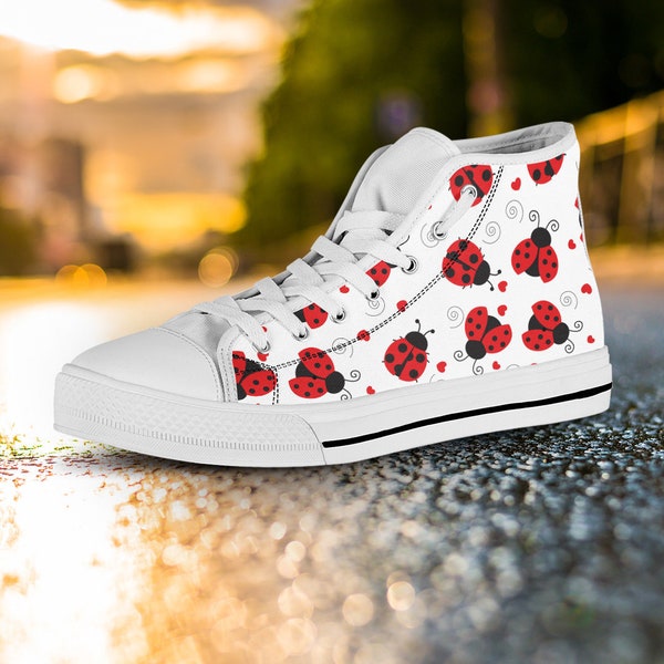 Ladybug Love Women's Shoes Art, Ladybird Shoes Pattern, White Ladybug High Low Top Shoes, Graphic Design Shoes, Custom Hightops