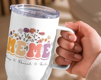 Personalized Floral Meme Retro Travel Mug, Gift For New Grandma With Custom Grandkids Names, Baby Announcement, Pregnancy Reveal Tumbler