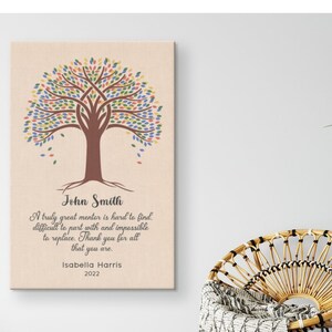 May include: A brown tree with colorful leaves and a quote about a mentor. The text reads "John Smith A truly great mentor is hard to find, difficult to part with and impossible to replace. Thank you for all that you are. Isabella Harris 2022"