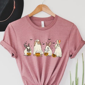 Camicia unisex di Halloween fantasma di coniglio spettrale per adulti e bambini, maglietta con animali di coniglio carino regalo di Halloween, coniglietti spaventosi con maglietta di zucche
