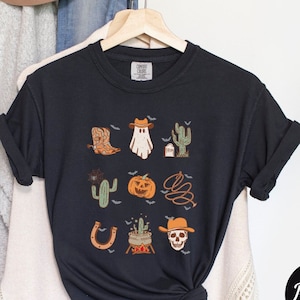 Western Cowboy Ghost Halloween Comfort Colors Shirt, Spooky Fall Doodles Halloween Party Tee, Scary Cowboy T-Shirt Ghost Horror Night Gift