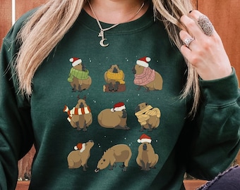 Capybara Rodent Christmas Unisex Sweatshirt, Mammals Animal Lover Hoodie, Cute Capybara Xmas Party Long Sleeve Shirt Tee Gifts for Women