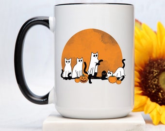 Cat Ghost Halloween Coffee Mug, Cute Halloween Fall Decor, Spooky Cats With Pumpkins & Moon Autumn Tea Cup, Halloween Gift Idea For Her Him