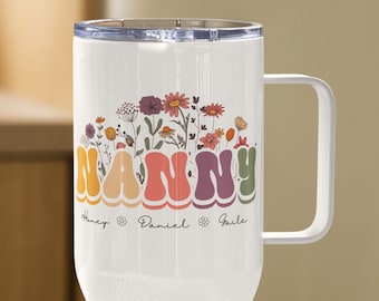 Personalized Floral Nanny Retro Travel Mug With Custom Grandkids Names, Gift For New Grandma, Baby Announcement, Pregnancy Reveal Tumbler