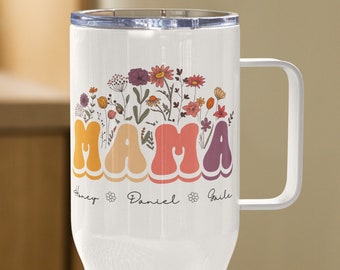 Personalized Floral Mama Retro Travel Mug, Gift For New Grandma With Custom Grandkids Names, Baby Announcement, Pregnancy Reveal Tumbler