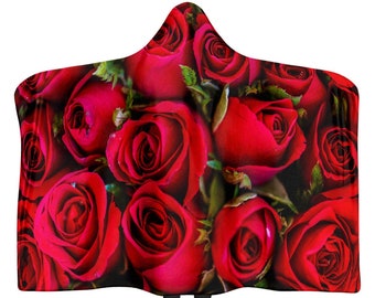 Red Roses Hooded Blanket, Hooded Roses Throw, Red Roses Lover Blanket, Roses Vivid Pattern Hooded Blanket For Teen Girls And Adults
