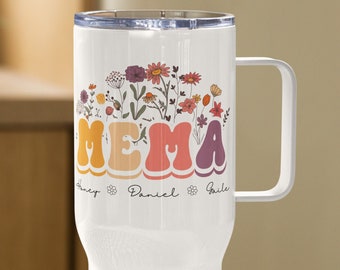 Personalized Floral Mema Retro Travel Mug, Gift For New Grandma With Custom Grandkids Names, Baby Announcement, Pregnancy Reveal Tumbler
