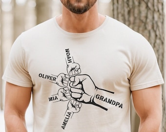 Camicia personalizzata per nonno e nipoti, maglietta personalizzata per nonno per bambini con mani di papà, nomi per bambini personalizzati regalo per papà papà Pop Pops