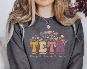 Personalized Teta Sweatshirt, Custom Teta Gift With Grandkids Names, First Time Grandma Floral Crewneck Sweater, Mother's Day Gift For Teta