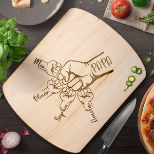 Personalized Papa & Kids Name Fist Bump Cutting Board, Custom Fathers Grilling Barbeque Chopping Block Gift, Daddy Children Birthday Present