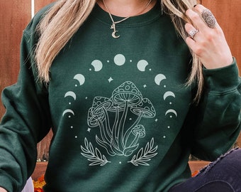 Goblinecore Sweatshirt, Celestial Moon Mushroom Sweatshirt, Fairycore Sweater Gift For Her, Aesthetic Trippy Hippie Clothes, Groovy Mushroom