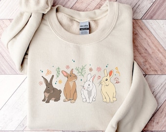 Sudadera unisex para amantes de los conejos, regalos para dueños de conejos, sudadera con capucha con animales para mamá y papá conejos, camiseta de manga larga con conejos y flores para mujer
